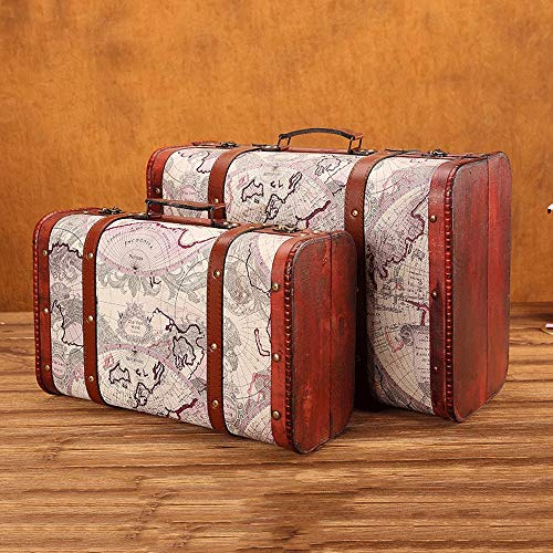 Zavddy-Home Koffer aus Holz Set bestehend aus Zwei Holztruhe Trunk Lagerung Trunk und Truhen Karte Muster Antike Viktorianischen Stil Schatzkiste (Farbe : White, Size : Set of 2)