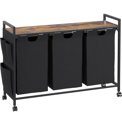 KIMENICH Wäschekorb 3 Fächer, Wäschesammler mit deckel, Wäschebox mit Rollen, Aufbewahrungstasche, Haken, Wäschesack aus Oxford-Gewebe ausziehbar abnehmbar, Metallrahmen, 3 x 46 L, schwarz