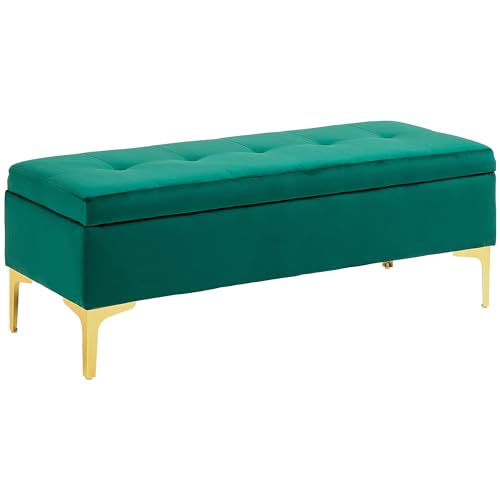 HOMCOM Sitzbank mit Stauraum, Polsterbank mit Samtoptik, Metallbeine, Bettbank für Wohnzimmer, Schlafzimmer, Flur, 120 x 44 x 44,5 cm, Grün