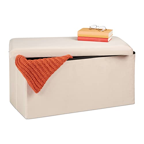Relaxdays Sitzbank mit Stauraum, Samtbezug, 80 L, Flur, Wohnzimmer, gepolsterte Truhenbank, 38x77x39 cm, Farbauswahl, Creme