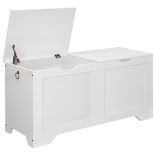 HOOBRO Truhen, Schuhbank mit 2 Deckeln, Aufbewahrungstruhe, Spielzeug-Aufbewahrungsbo x mit interner Trennwand, für Eingangsbereich, Wohnzimmer, Schlafzimmer, Weiß EWT102CW01