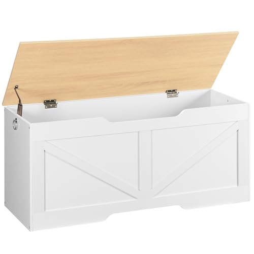 HOOBRO Truhen, Sitzbank mit Stauraum, Spielzeugkiste mit Deckel, Truhenbank, aufbewahrungsbox, 2 Ringen, 110cm, Robust, Stabil, für Kinder, Flur, Wohnzimmer, Weiß, Natürliche Holzfarbe EWN772CW01