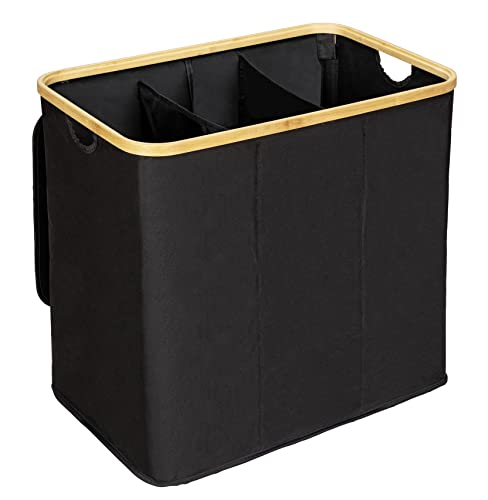 WENKO Wäschetruhe Trio Ecori, 3 Fächer (je 35 Liter), Rahmen aus FSC®-zertifiziertem Bambus, Wäschesack mit Deckel aus recyceltem Polyester, 57 x 50 x 37 cm, Natur/Schwarz