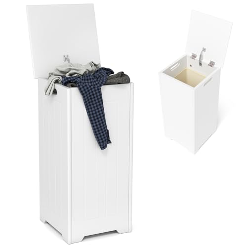HOMASIS 55L Wäschekorb mit Deckel, Wäschesammler Wäschetruhe Holz, Wäschebox Waschkübel Wäschschrank laundry baskets, Wäschesortierer Badschrank für Badezimmer, Weiß (mit Wäschesack)