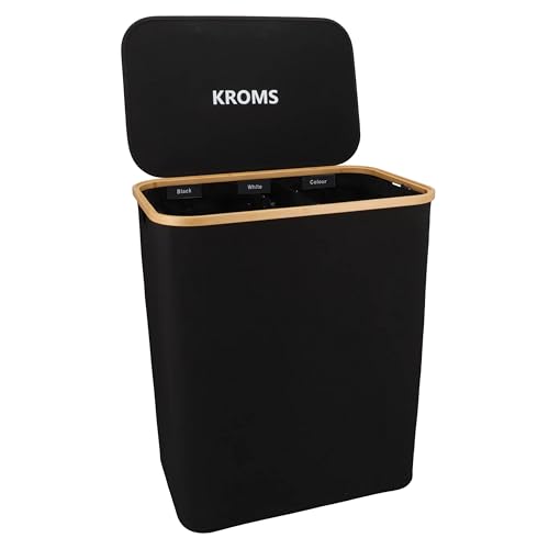 KROMS Wäschekorb 3 Fächer - Schwarz - Wäschekorb mit Deckel - Wäschesortierer 3 fächer - Wäschekorb bambus - Faltbarer wäschekorb - Wäschesammler 3 fächer - Wäsche sortiersystem - Wäschebox mit deckel