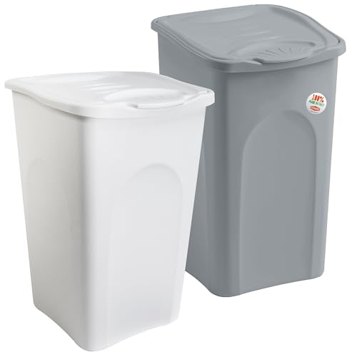 2x Wäschekorb 50 Liter groß mit Deckel - weiss und grau Wäschesammler ohne Löcher 39x37x55cm Wäschebox Wäschesortierer Haushaltskorb Korb Haushalt Kunststoff Wäschetruhe Wäschetonne Wäschesack