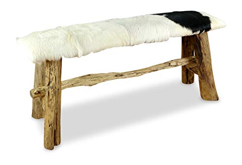 livasia Ziegenfell Sitzbank mit Teakholz, Designer Sitzbank aus Java, Holzbank (Ziegenfell - Sitzbank - Schwarz - Weiß)