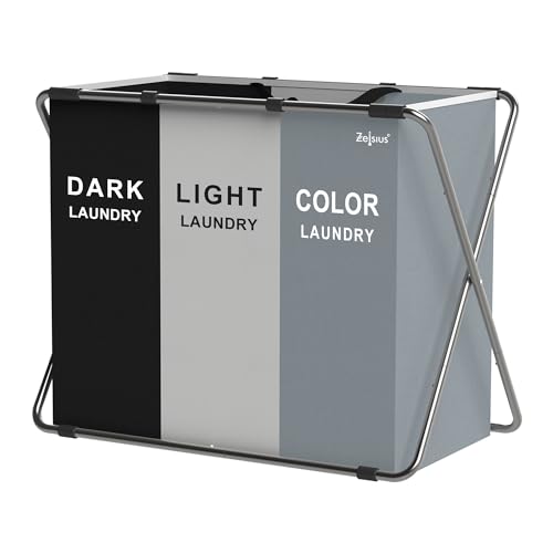 Zelsius Wäschesammler 3 Fächer | 77 x 40 x 57,5 cm | Wäschekorb Faltbar | Grau Hellgrau Schwarz | Schmutzwäschebehälter mit Wäschebeutel, Wäschesystem, Waschkorb, Wäschesortierer, Wäschebox