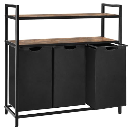 YOUDENOVA Wäschekorb 3 Fächer, Wäschesammler mit 2 Ablagen, 180-Liter Wäschebox, abnehmbarer Wäschesack, Wäschesortierer, 103x38x100cm (3 x 60L), Vintagebraun/Schwarz