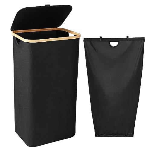 Lannvan Wäschekorb mit Deckel, 100L Wäschekorb Schwarz mit Abnehmbar Wäschesack - Faltbarer Schmutzwäschebehälter Wäschetonne Wäschebox für Kleidung, Decken, Bettlaken, Spielzeug