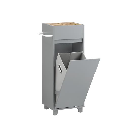 SoBuy Wäscheschrank mit ausklappbarem Wäschesack Wäschesammler mit oberen 4 Ablagen Wäschekorb Wäschetruhe Badezimmerschrank Badschrank Dunkelgrau BHT ca. 35x90x30cm BZR159-DG