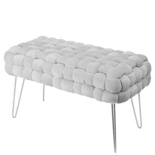 Zedelmaier Moderner Velvet SitzBank, Quadratisch Ottoman-Fußhockermit Silbernen Metallbeinen, Gepolsterte SitzBank,Strick Samt Bank (Grau, 70x38x41.5cm)