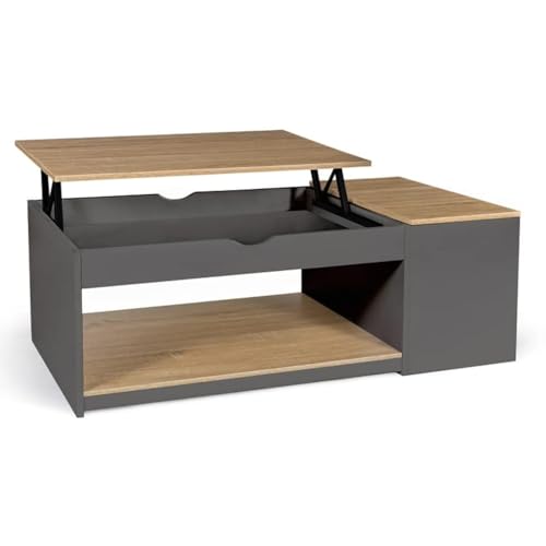 IDMarket - Couchtisch, aufklappbar, rechteckig, mit Truhe, Holz, Grau und Buchenoptik