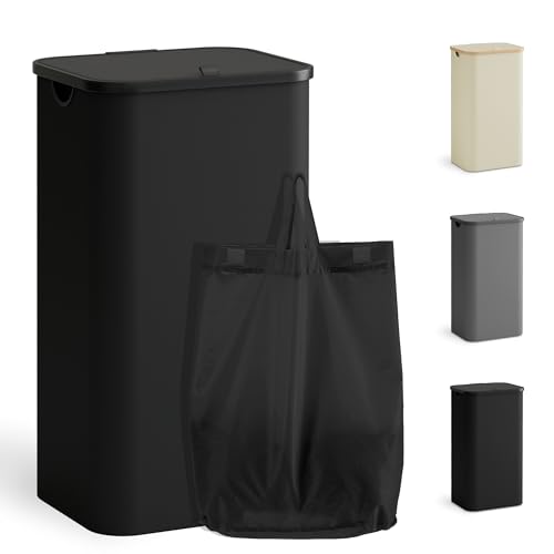 YOUDENOVA Wäschekorb mit Deckel 100L Wäschesammler schmal mit Wäschesack faltbarer Wäschesortierer mit Kunststoffgriff Wäschetruhe hoch Laundry Baskets, Schwarz