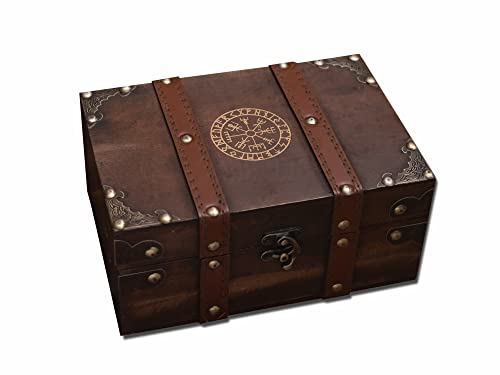 Holz- und Ledertruhe, Der Runen-Wikinger-Kompass, gravierte Holzkiste mit Samtfutter, Vegvisir-Wiccan-Zubehör und Werkzeug-Aufbewahrungsbox