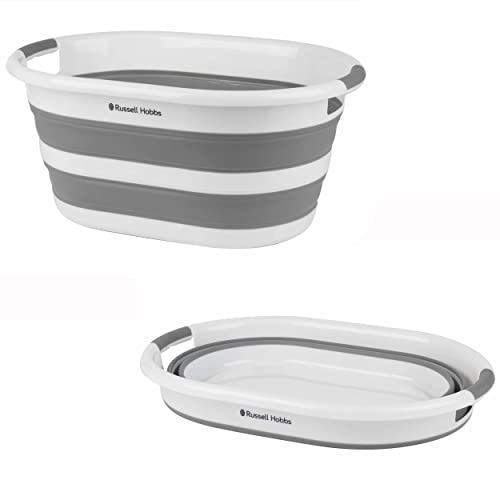 Russell Hobbs LA053879WHTEU 27L Ovale Zusammenklappbarer Wäschekorb, einklappbarer wäschesammler, silikon wäschesortierer, tragbarer Waschbehälter mit Griffen, platzsparender, weiß/grau