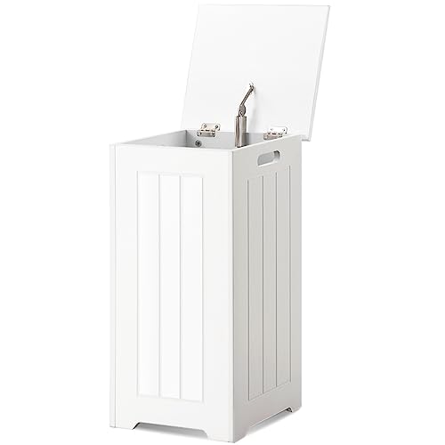 HOMASIS 52L Wäschekorb mit Deckel, stehende Wäschetruhe aus Holz, Waschkübel Wäschesammler für Schmutztücher, Wäschesortierer Badschrank für Badezimmer, Schlafzimmer, 30 x 30 x 61 cm, Weiß