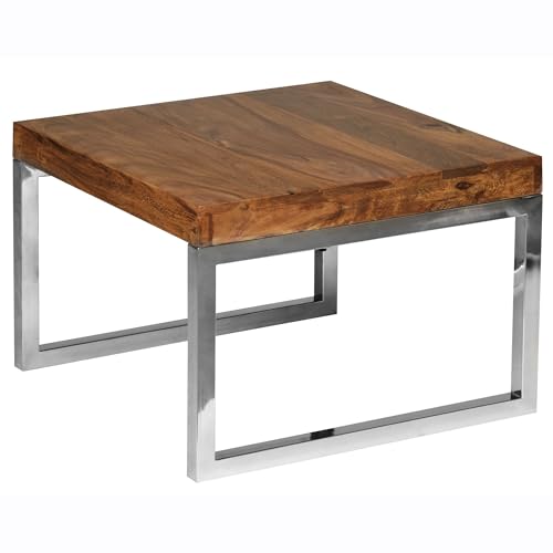 FineBuy Beistelltisch Massiv-Holz Sheesham Wohnzimmertisch mit Metallgestell Landhausstil Couchtisch braun Echtholz