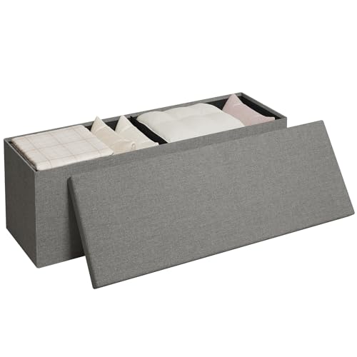 Klihome Sitzbank mit Stauraum 117L, Sitzbox mit Deckel 110X37.5 cm, Sitztruhe Sitzhocker faltbar aus Leinen, Aufbewahrungstruhe Polsterbank Fußbank Sitzkiste Sofa Bett, Dunkelgrau, K0003SH