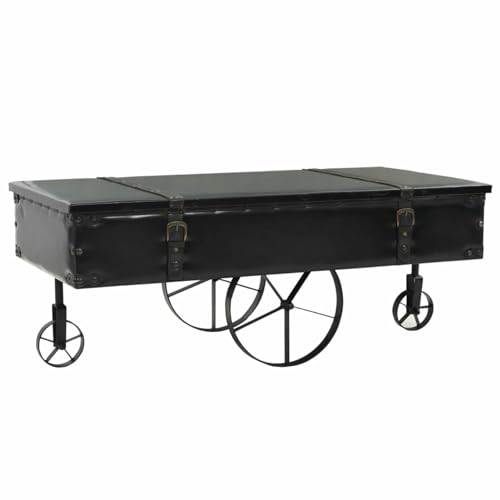 Gecheer Couchtisch Industriell Truhentisch Beistelltisch,Couchtisch Industrie-Design,Sofatisc h Wohnzimmertisch aus MDF + Kunstleder + Tannenholz + Stahl, 110 x 55 x 43 cm (L x B x H)