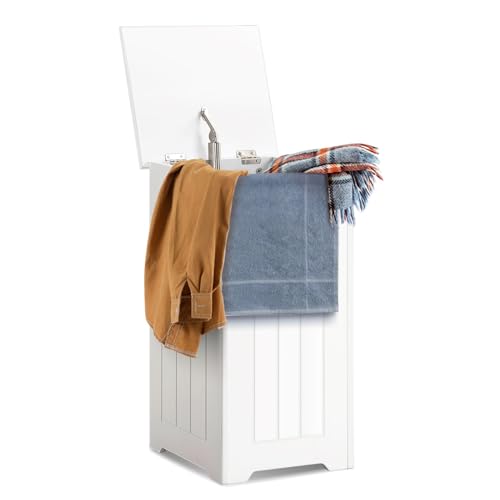 HOMASIS 55L Wäschekorb mit Deckel, Wäschesammler Wäschetruhe Holz, Wäschebox Waschkübel Wäschschrank laundry baskets, Wäschesortierer Badschrank für Badezimmer, Weiß (ohne Wäschesack)