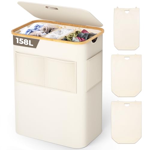 OUSFOT Wäschekorb mit Deckel 3 Fächer 158L Wäschesammler faltbar aus 600D Oxford-Gewebe mit Abnehmbarem Wäschesack,Netztasche vorne Bambus-Wäschebox Wäschesortierer Wäschetonne Laundry baskets Beige