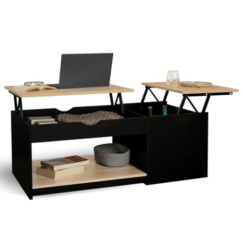 IDMarket - Couchtisch mit 2 klappbaren Platten, rechteckig, EYLA mit Truhe, Holz, schwarz und Buchenoptik