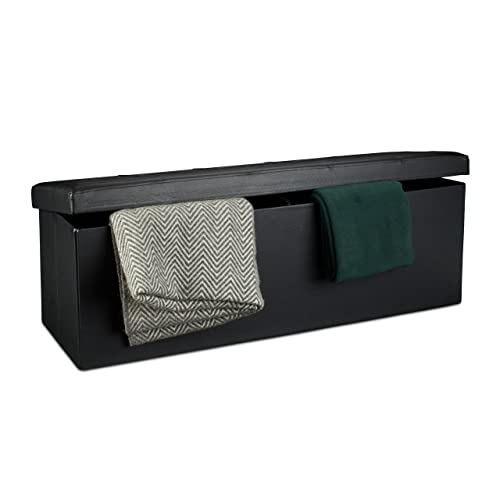 Relaxdays Faltbare Sitzbank HxBxT 38 x 114 x 38 cm, XL Kunstleder Sitztruhe, Aufbewahrungsbox mit Stauraum, schwarz