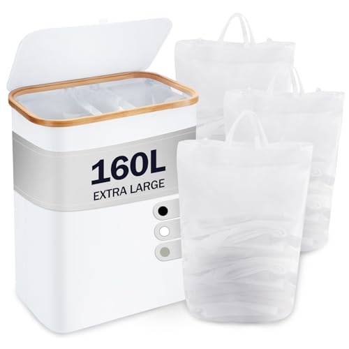 YOUDENOVA Wäschekorb Deckel 3 Fächer 160L Wäschesammler 3 Wäschesäcke Groß faltbarer Wäschesortierer Holz Bambus Wäschetruhe hoch,