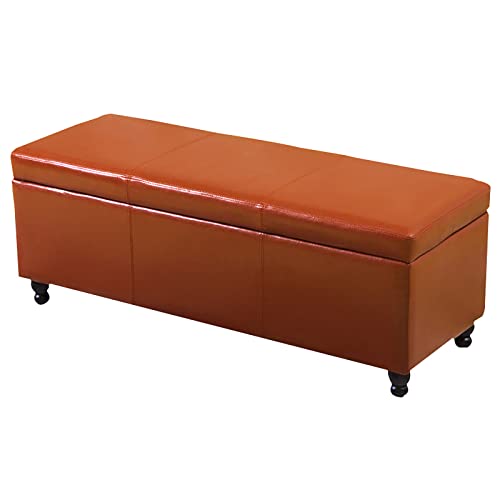 Gepolsterte Ledertruhe mit getufteter Holzplatte, moderne, rechteckige Sitzbank für Wohnzimmer oder Schlafzimmer, bequeme Fußstütze, Hocker und Couchtisch, 60 x 40 x 42 cm, Orange