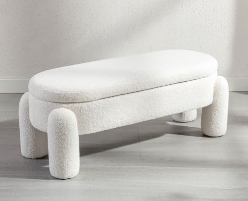 Wahson Sitzbank mit Stauraum Sitzhocker Schlafzimmer aus Teddystoff Sitztruhe Flur Bettbank 114cm, Weiß