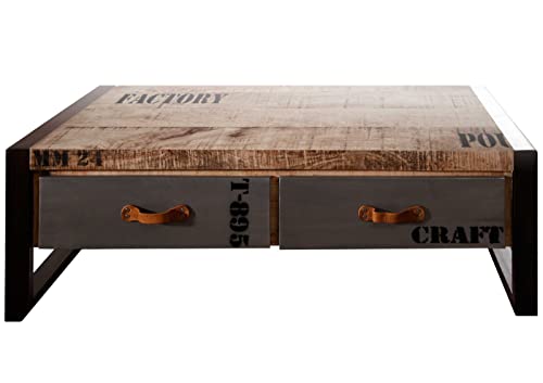 Massivmoebel24.de | Factory - Couchtisch aus Massivholz - Natur, Bedruckt | Mango | 115x60x40 | 2 Schubladen | Eisen | Kaffeetisch Beistelltisch Sofatisch