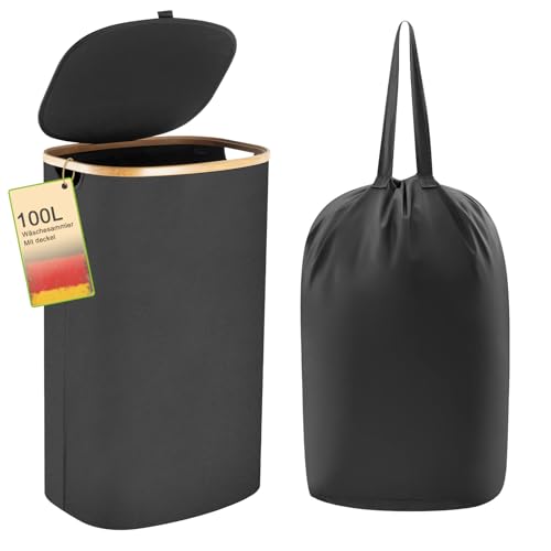 Wäschekorb -100L Waschbarer und hygienischer Groß Wäschesammler schmal mit herausnehmbarem Wäschesack-Wäschekorb mit Deckel & Bambusrand - Wäscheboxen - waschkorb (Schwarz)