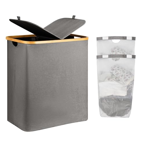 AdelDream 140L Wäschekorb mit Deckel 2 Fächer Wäschekorb Beige Wäschesack schmal - Wäschesortierer Wäschebox Wäschetonne Wäschesammler mit Deckel Wäschetruhe Wäschekörbe laundry baskets grau