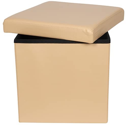 Trendyshop365 Sitz-Hocker Faltbare Aufbewahrungsbox Truhe gepolsterte Sitz-Bank bis 120kg (quadratisch 38x38cm, beige)