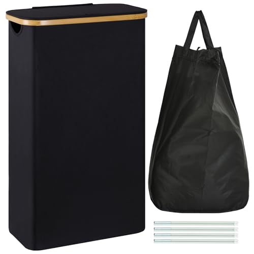 ROSOS Wäschekorb mit Deckel, 65L Faltbarer Wäschekorb Schmal mit Herausnehmbaren Wäschesack, Schmaler Wäschekorb Schwarz, Wäschesammler mit Deckel & Bambusgriff, Wäschekorb Schmal und Hoch mit Deckel