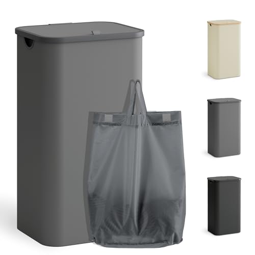 YOUDENOVA Wäschekorb mit Deckel 100L Wäschesammler schmal mit Wäschesack faltbarer Wäschesortierer mit Kunststoffgriff Wäschetruhe hoch Laundry Baskets, Grau