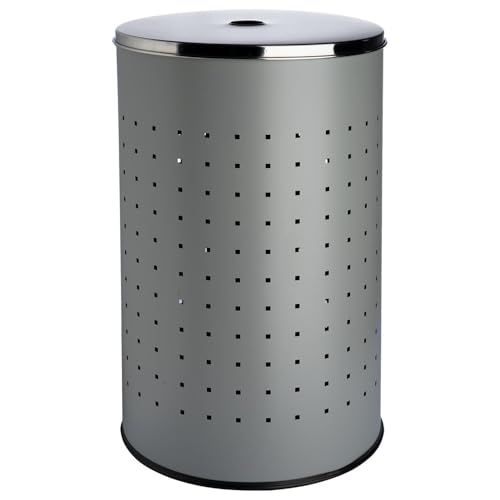 Home4You Wäschekorb mit Deckel und Luftlöchern - Edelstahl - Grau - 54 L - Ø 35,5 cm - 57,5 cm hoch - Wäschetonne Wäschesammler Wäschebox Wäschetruhe