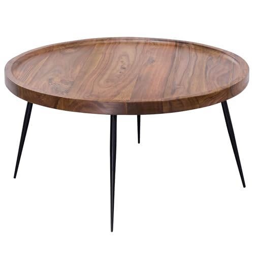 FineBuy Couchtisch Sheesham Massivholz rund Ø 75 cm – Wohnzimmertisch mit Metallbeinen, Design Holztisch handgefertigt im modernen Retro Stil Braun