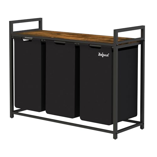 Zelsius Wäschesammler 3 Fächer | Schwarz, 92,5 x 33 x 72 cm | Wäschekorb mit Ablage, Schmutzwäschebehälter mit Wäschebeutel | Wäschesortierer, Wäschebox, Wäschesack | Wäschesystem, Waschkorb