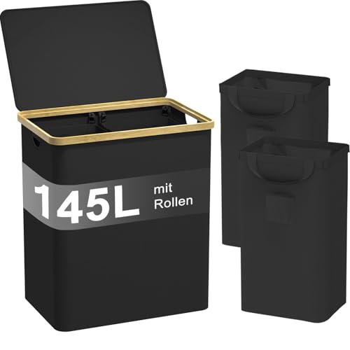 Schwarz Wäschekorb mit Deckel 4 Fächer 145L, Wäschesammler mit 2 Herausnehmbaren Wäschesack Reise & Rollen, Wäschekorb Groß Schmutzwäschebehälter Wäschewanne Wäschebox Wäschesortierer für Waschküche