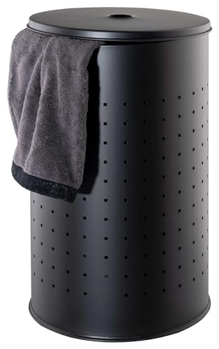 Home4You Wäschetonne - mit Deckel und Luftlöchern - 54 Liter Fassungsvermögen - Edelstahl - Schwarz - Ø 35,5 cm - 57,5 cm hoch - Wäschesammler Wäschekorb Wäschebox Wäschetruhe