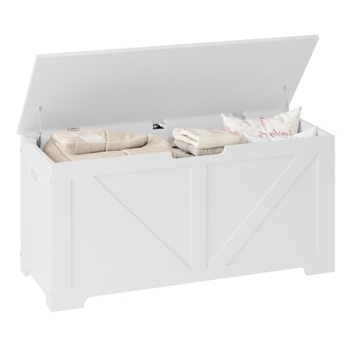 WOLTU Sitzbank mit Stauraum, Sitztruhe Holz, Holztruhe Truhenbank mit stauraum 100x47x40cm, Schuhbank mit Sitzfläche, 2 Sicherheitsscharniere für Flur Schlafzimmer Wohnzimmer, Weiß
