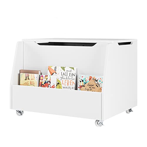 HOCSOK Spielzeugkiste aus Holz, Sitzbank mit Stauraum auf Rädern, Spielzeugtruhe mit Deckel Aufbewahrungstruhe mit großer Kapazität weiß