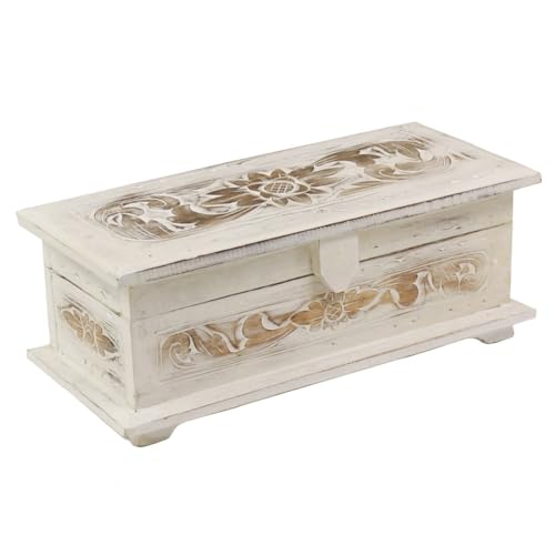 Oriental Galerie Truhe Holzkiste Holztruhe Schatztruhe Kiste Box Palmenholz Holzbox Blumen Schnitzereien Shabby Used Look Weiß Klein 40 cm Design 2