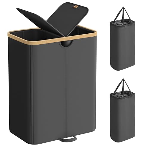 SONGMICS Wäschekorb 2 Fächer, Wäschesammler, 150 Liter, Wäschesortierer mit Deckel, Wäschetonne, Wäschesäcke herausnehmbar, für Waschküche, Schlafzimmer, Wohnzimmer, tintenschwarz-naturbeige LCB523B01