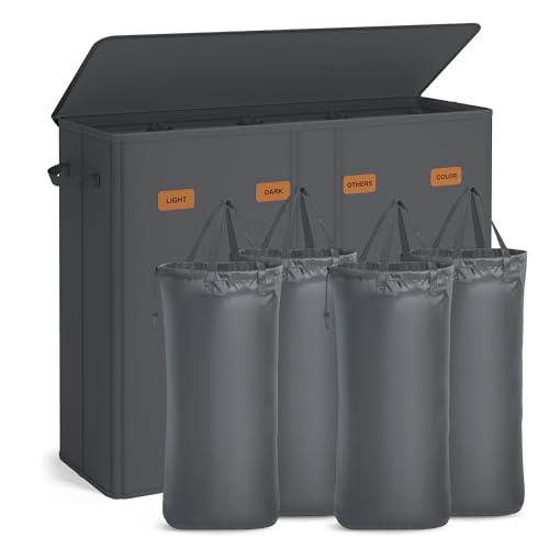 SONGMICS Wäschekorb mit 4 Fächern, 210 L, mit Deckel, 5 Etiketten, herausnehmbarer und waschbarer Innensack, Waschküche Schlafzimmer, dunkelgrau RLH014G01