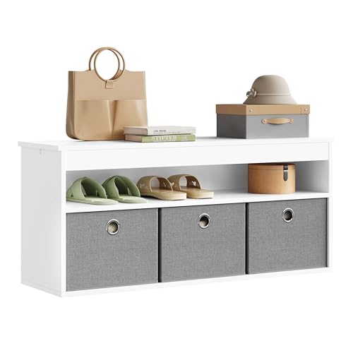 WOLTU Schuhbank mit Sitzfläche, Sitzbank mit Stauraum, Flurbank mit 3 Stoffschubladen, offenem Fach, Bettbank Garderobenbank, für Flur Schlafzimmer, 102x45x30 cm, Holzwerkstoff, weiß