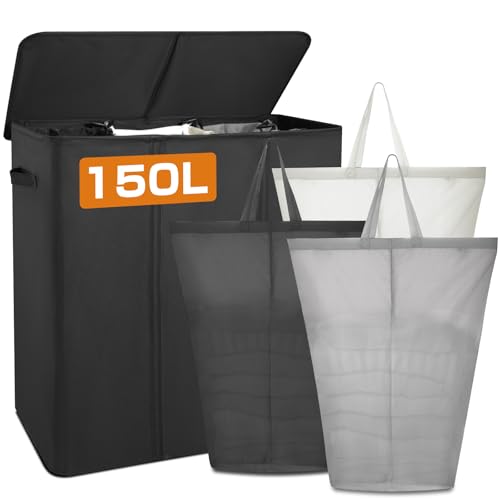 GMISUN Wäschekorb mit Deckel, 150L Wäschekorb 3 Fächer, Wasserabweisender Wäschesammler 3 Fächer & herausnehmbaren Wäschesäcke, Schwarz Wäschekorb 3 Fächer, Faltbarer Wäschekorb