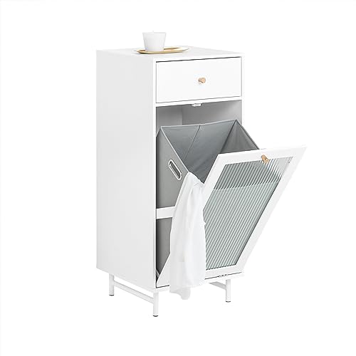 SoBuy BZR116-W Wäscheschrank mit ausklappbarem Wäschesack Wäschetruhe mit Glastür Wäschesammler Wäschekorb Badschrank Weiß BHT ca. 40x96x40cm
